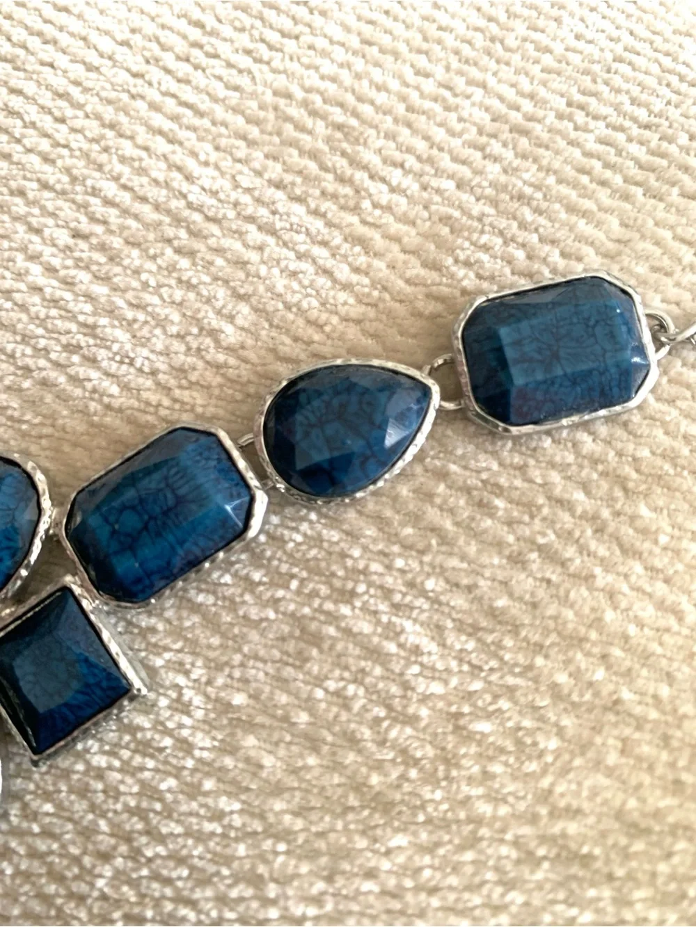 Women's Silver-Tone Blue Stone Costume Bib Style Necklace Approx 11”  Adjustable